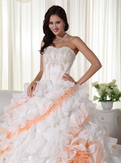 White With Peach Big Puffy Quinceanera Dress With Train Like Princess