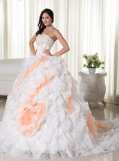 White With Peach Big Puffy Quinceanera Dress With Train Like Princess