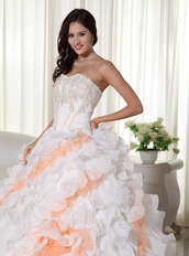 White With Peach Big Puffy Quinceanera Dress With Train Like Princess