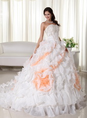White With Peach Big Puffy Quinceanera Dress With Train Like Princess