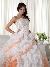 White With Peach Big Puffy Quinceanera Dress With Train Like Princess