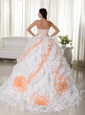 White With Peach Big Puffy Quinceanera Dress With Train Like Princess