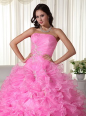 Lovely Pink Quinceanera Dress Rolled Frill Flowers Skirt Like Princess