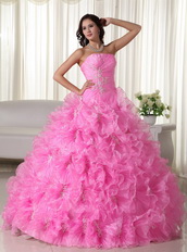 Lovely Pink Quinceanera Dress Rolled Frill Flowers Skirt Like Princess