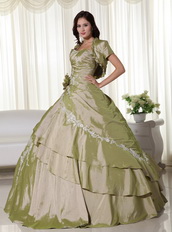 Light Olive Green Taffeta Quince Ball Gown Dress And Jacket Like Princess