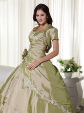 Light Olive Green Taffeta Quince Ball Gown Dress And Jacket Like Princess