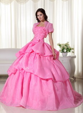 Pink Strapless Bubble Decorate Quinceanera Gown With Jacket Like Princess