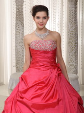 Coral Red Strapless A-line Long Puffy Dress For Prom Wear Like Princess