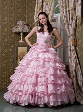 Baby Pink One Shoulder Ruffled Layers Quinceanea Dress Puffy Like Princess