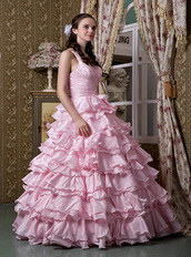 Baby Pink One Shoulder Ruffled Layers Quinceanea Dress Puffy Like Princess