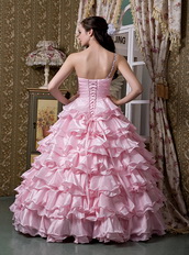 Baby Pink One Shoulder Ruffled Layers Quinceanea Dress Puffy Like Princess