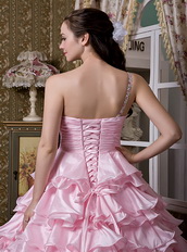 Baby Pink One Shoulder Ruffled Layers Quinceanea Dress Puffy Like Princess