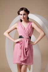 Pearl Pink V Neckline Sweet Sixteen Dress With Black Sash