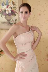 Column One Shoulder Watteau Train Baby Pink Prom Celebrity Dress