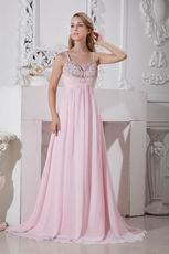 Affordable Straps Pink Chiffon Women In Prom Dress With Beading