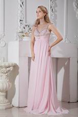 Affordable Straps Pink Chiffon Women In Prom Dress With Beading