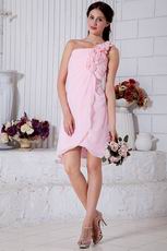 One Shoulder Flowers Straps High Low Pink Sweet Sixteen Dress