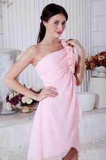 One Shoulder Flowers Straps High Low Pink Sweet Sixteen Dress