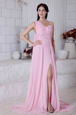 Sexy One Shoulder Empire Pink Chiffon Bridal Party Dress With Split