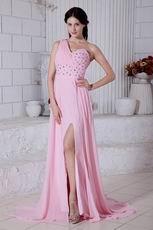 Sexy One Shoulder Empire Pink Chiffon Bridal Party Dress With Split