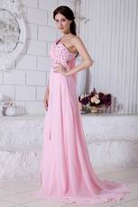 Sexy One Shoulder Empire Pink Chiffon Bridal Party Dress With Split
