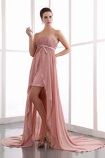 Salmon Pink Custom Fit Ruched High Low Chiffon Prom Dress