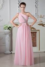 One Shoulder Beading Decorate Pink Chiffon Evening Prom Dress