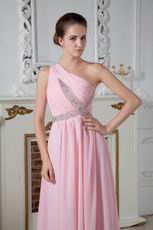 One Shoulder Beading Decorate Pink Chiffon Evening Prom Dress