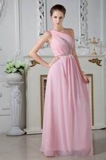 One Shoulder Beading Decorate Pink Chiffon Evening Prom Dress