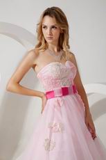 Sweetheart Neck Pink Prom Dress Tulle With Fuchsia Belt