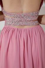 Halter Split Skirt Pink Chiffon Long Prom Dress With Beading