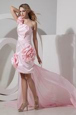 Unique One Shoulder Detachable Train Pink High Low Prom Dress