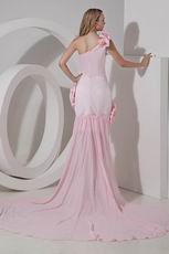 Unique One Shoulder Detachable Train Pink High Low Prom Dress