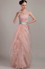 One Shoulder Ruffles Skirt Pink Prom Dress With Silver Belt