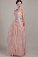 One Shoulder Ruffles Skirt Pink Prom Dress With Silver Belt