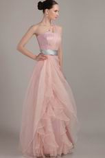 One Shoulder Ruffles Skirt Pink Prom Dress With Silver Belt