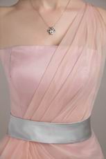 One Shoulder Ruffles Skirt Pink Prom Dress With Silver Belt