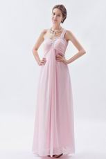 One Shoulder Cross Back Baby Pink Prom Dress With Beading