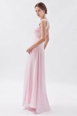 One Shoulder Cross Back Baby Pink Prom Dress With Beading