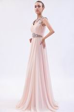 V Neckline Floor Length Pink Formal Evening Dress
