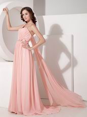 One Shoulder Watermelon Pink Watteau Train Prom Dress 2014