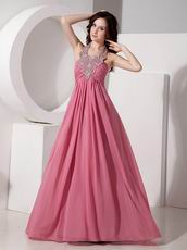 Coral Pink Prom Dress With Beaded Halter Floor Length Skirt