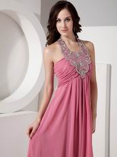 Coral Pink Prom Dress With Beaded Halter Floor Length Skirt