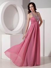 Coral Pink Prom Dress With Beaded Halter Floor Length Skirt