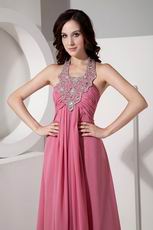 Coral Pink Prom Dress With Beaded Halter Floor Length Skirt