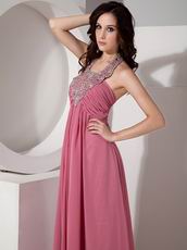 Coral Pink Prom Dress With Beaded Halter Floor Length Skirt