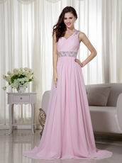 Cute Baby Pink One Shoulder Chiffon Prom Dance Party Dress