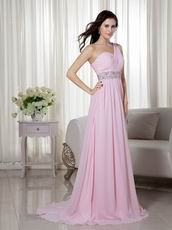 Cute Baby Pink One Shoulder Chiffon Prom Dance Party Dress