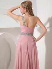 One Shoulder Baby Pink Chiffon Beaded Dress For Prom Wear