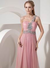 One Shoulder Baby Pink Chiffon Beaded Dress For Prom Wear